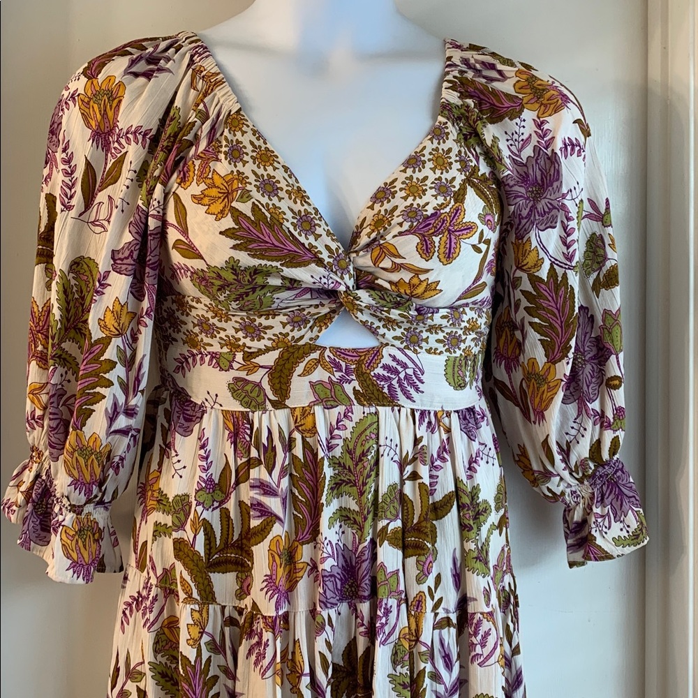 Angie Women's Boho Floral Smocked Square Neckline Longsleeve Dress Size M - Picture 2 of 10